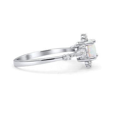 Halo Art Deco Rhodium Plated Round Lab Created White Opal Statement Fashion Ring 925 Sterling Silver